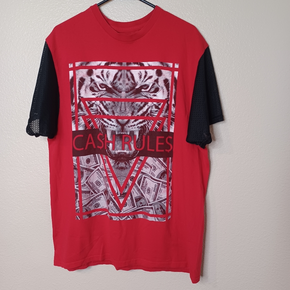 EntiTee Red Graphic Cash Rules Short Jersey Sleeve Men Top Size XL